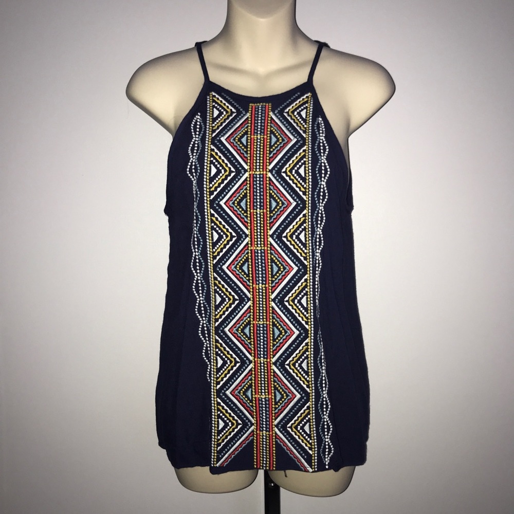 Navy embroidered halter tank top